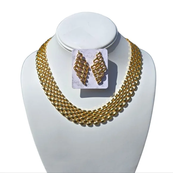 Vintage Premier Designs Panther Link Collar Necklace Gold Tone / Avon Eartings - Picture 4 of 16